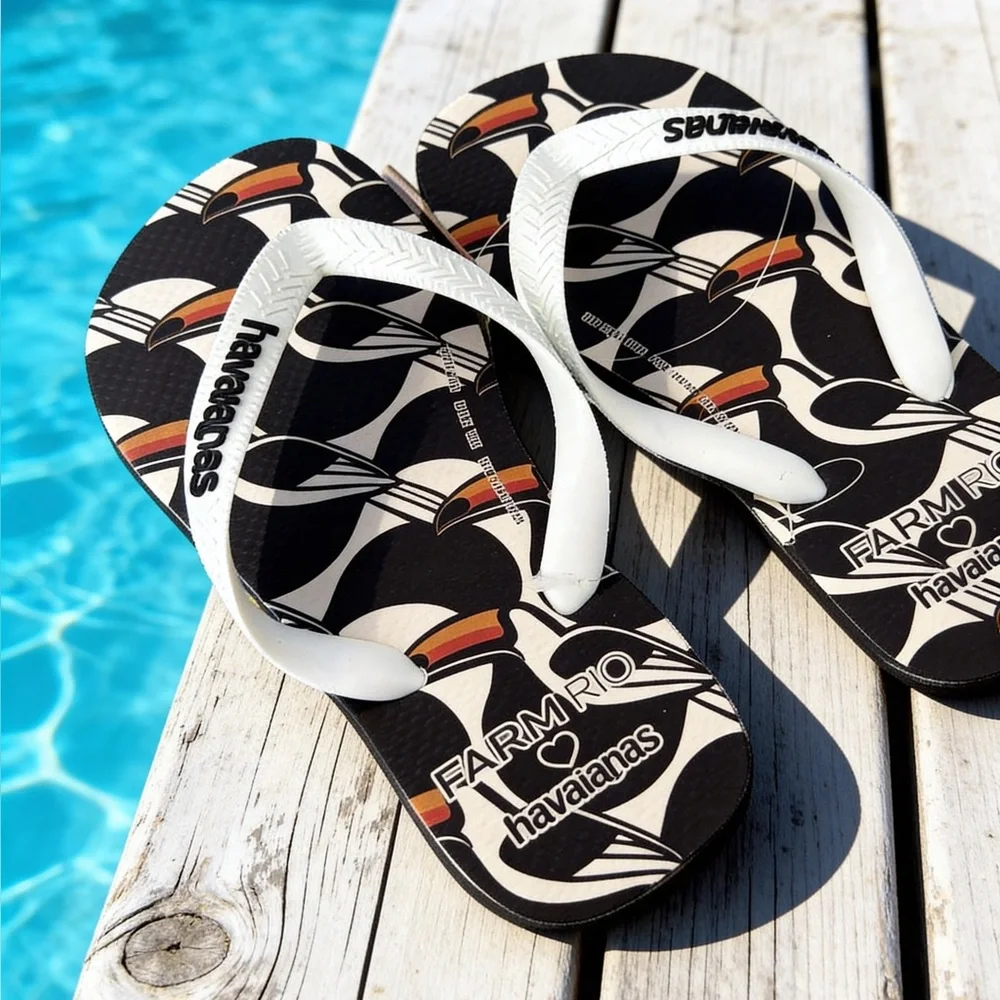 FARM Rio x Havaianas  Black Flip‎ Flops with White Straps and Orange Accent